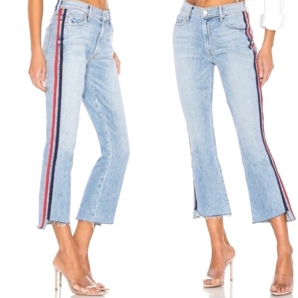 Mother size 27 Light Blue Jean with red and blue side stripe and frayed edge hem